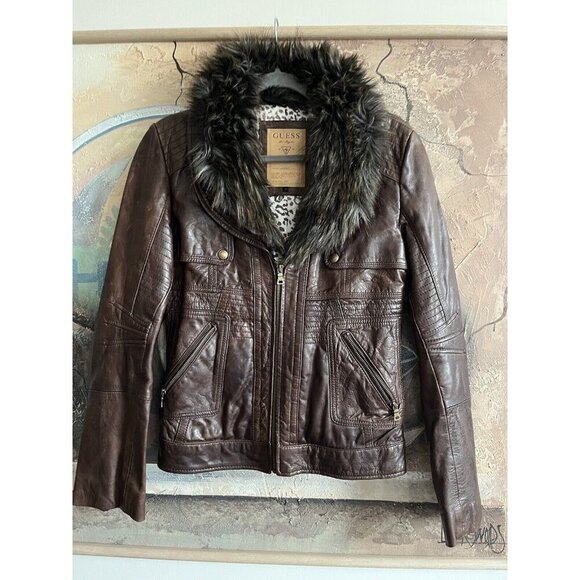 GUESS Genuine Leather Fur-Trim Neckline Brown leather jacket size S - Picture 1 of 11